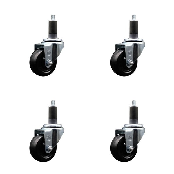 3'' SS Soft Rubber Wheel Swivel 1-1/4'' Expanding Stem Caster Set, 4PK